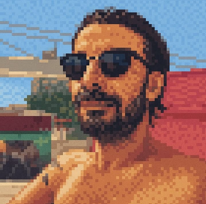 Retrato em pixel art de Robires Lee usando oculos escuros